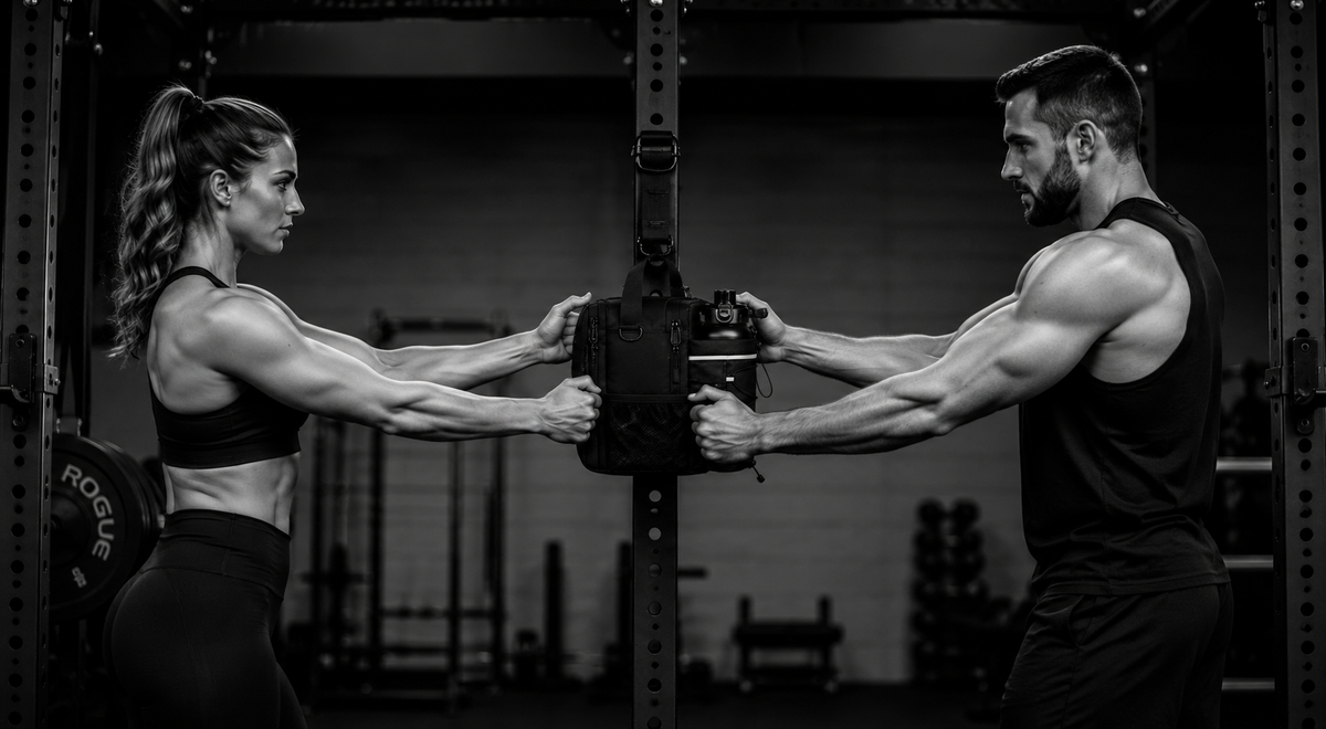 RackBag magnetic gym bag being tug-of-war tested by two athletes in a power rack